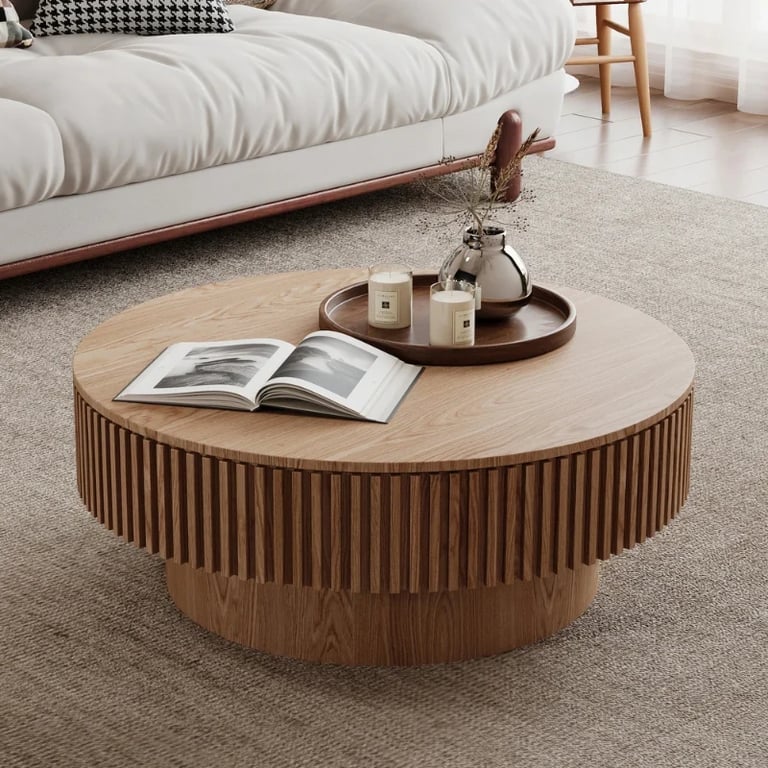 Elyra Round Coffee Table with Hidden Storage – Natural Wood