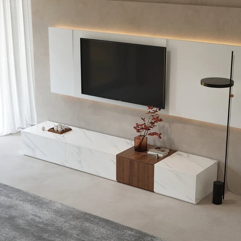Marquina – Natural Wood TV Unit with Marble-Effect Finish and Matching Coffee Table