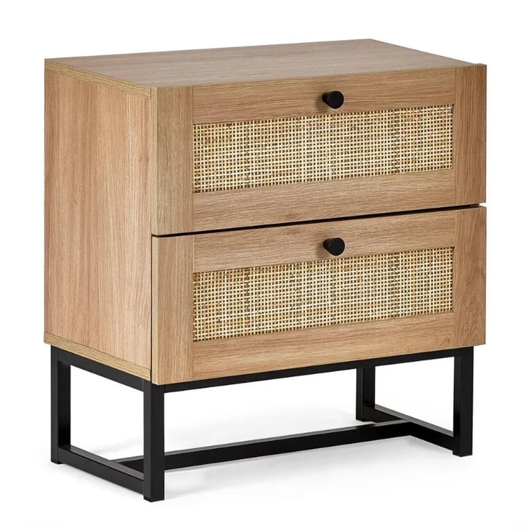 Mira Side Table – Natural Wood with Two Rattan Drawers and Elegant Black Metal Base