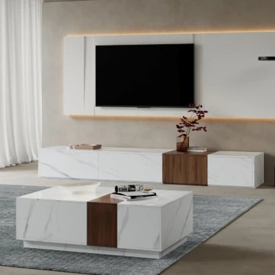 Marquina – Natural Wood TV Unit with Marble-Effect Finish and Matching Coffee Table