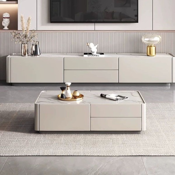 صورة طاولة قهوة لوسترا من الخشب الطبيعي – بسطح حجري وتخزين مخفي