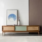 Cottage Walnut TV Stand for 80 inch TV with 2 Drawers & 2 Doors & Rattan