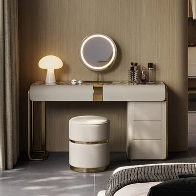 Amoura Vanity Set – Natural Wood with Matching Pouf, LED Mirror & Marble-Look Top