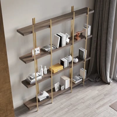 Aurore Display Shelf – Natural Wood & Gold Metal Frame