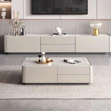 صورة طاولة قهوة لوسترا من الخشب الطبيعي – بسطح حجري وتخزين مخفي