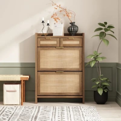 Rivanne - Natural Wood Shoe Cabinet with Rattan Front