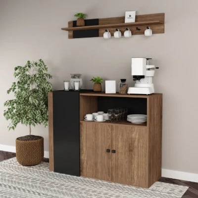 Tavric Coffee Corner Cabinet – Natural Wood with Black Accent Panel