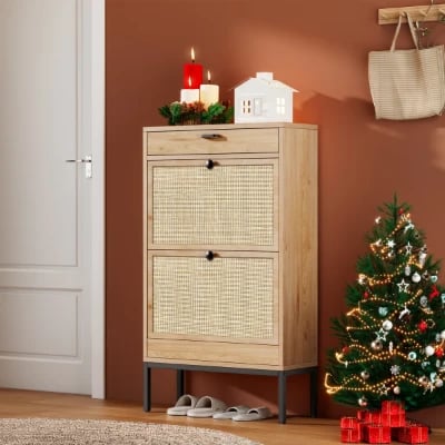 Éloree – Natural Wood & Rattan Shoe Cabinet