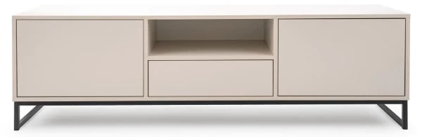 صورة وحدة تلفزيون ميرا – وحدة وسائط بتصميم مينيمالي باللون البيج والأسود