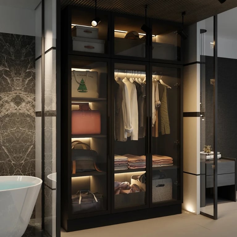 Picture of Paolo Modern wardrobe with glass doors and natural wood lighting