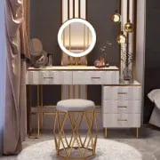 Valencia Vanity Set – Natural Wood with LED Mirror & Pouf Featuring Gold Stainless-Steel Details
