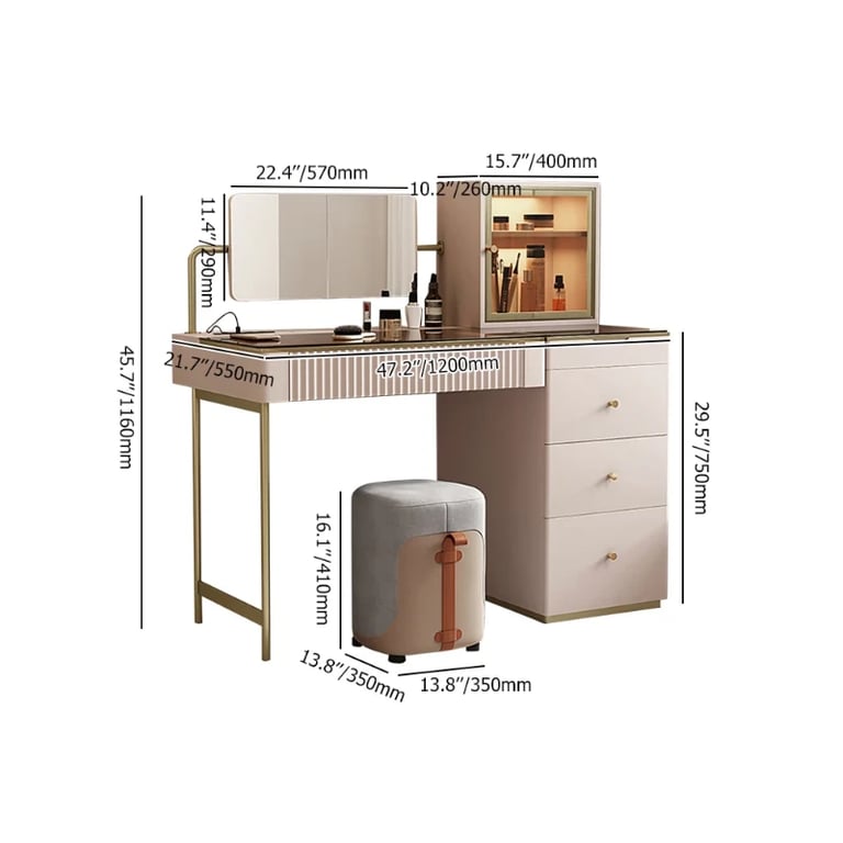 Picture of Marvella Vanity Set – Glass Top with lighting Cabinet and Matching Chair