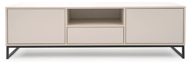 صورة وحدة تلفزيون ميرا – وحدة وسائط بتصميم مينيمالي باللون البيج والأسود