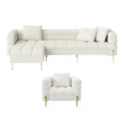 Amélis– Modern Natural Wood Sofa Set with Armchair and Ottoman, Golden Legs