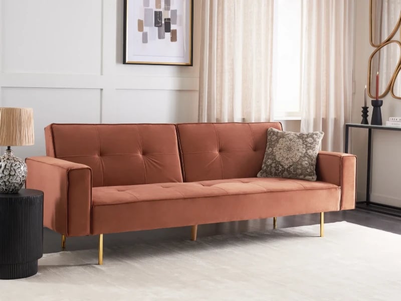 Soleil Velours Convertible Sofa Bed from natural wood – Velvet Upholstery with Golden Legs.