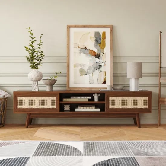 Marena – Modern TV Unit with Rattan Doors – Natural Wood