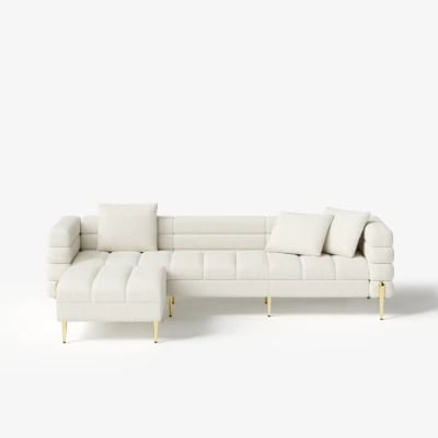 Amélis– Modern Natural Wood Sofa Set with Armchair and Ottoman, Golden Legs