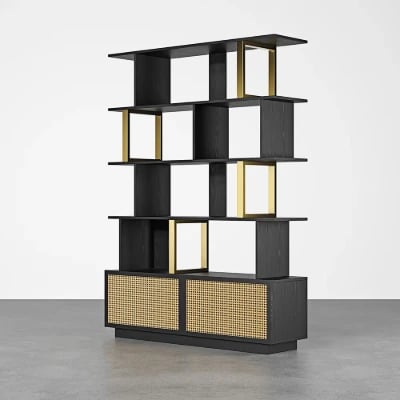 Mavrin Display Shelf – Black Wood with Gold & Rattan Accents