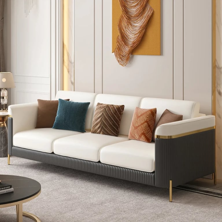 Diora – Sofa Set of Two Sofas & One Armchair with Natural Wood Frame and Gold Stainless-Steel Legs