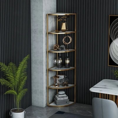 Élano Corner Display Shelf – Natural Wood with Gold Metal Frame