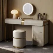 Amoura Vanity Set – Natural Wood with Matching Pouf, LED Mirror & Marble-Look Top