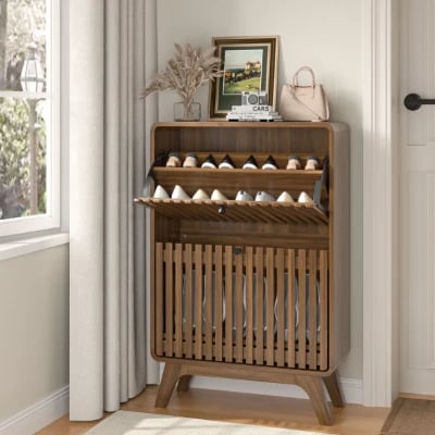 Solvay - Natural Wood Shoe Cabinet with Slatted Front