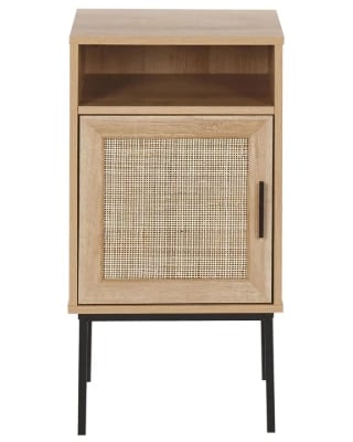 Calvia – Natural Wood Bedside Table with Tall Design & Woven Door