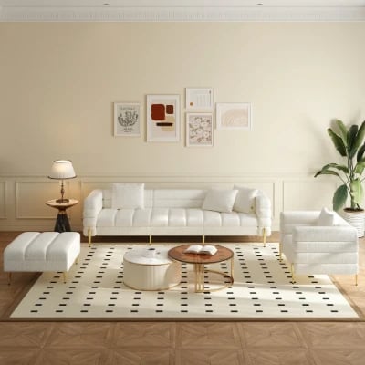 Amélis– Modern Natural Wood Sofa Set with Armchair and Ottoman, Golden Legs