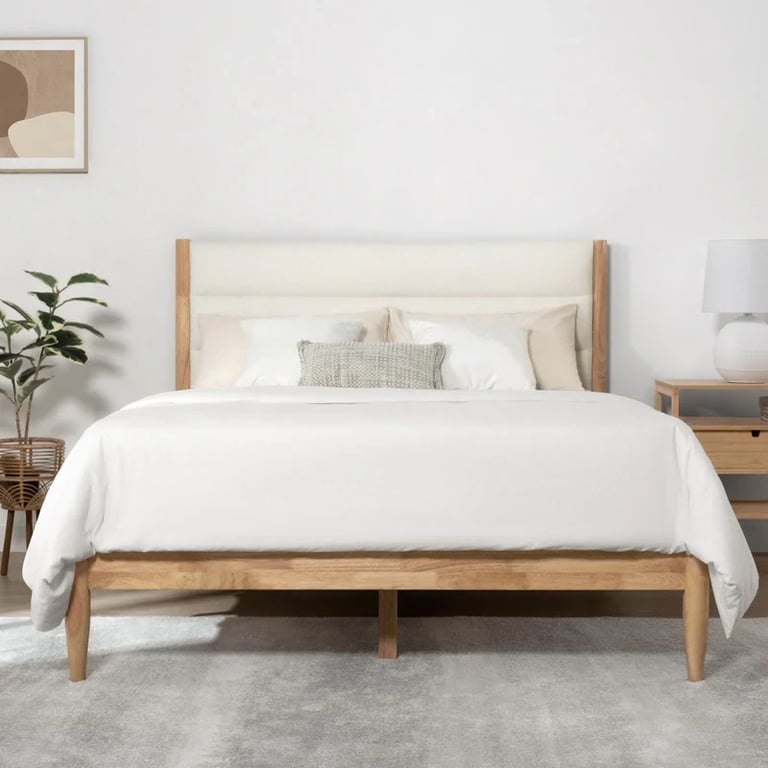 Mason – Upholstered Bed with Natural Wood Frame