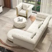 Valencia – Tufted Sectional Sofa made of Natural Wood with Gold Stainless-Steel Touch, featuring Armchair & Chaise Lounge