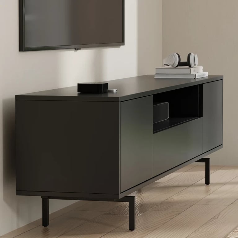 Noiré TV Stand with a Minimal Design – Natural Wood & Metal Legs