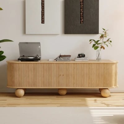 Oniro Long Media Console with Fluted Sliding Panels – Natural Wood