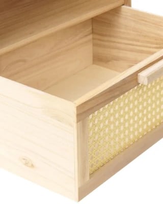 Liora Natural Wood Bedside Table – Open Shelf & Woven Drawer