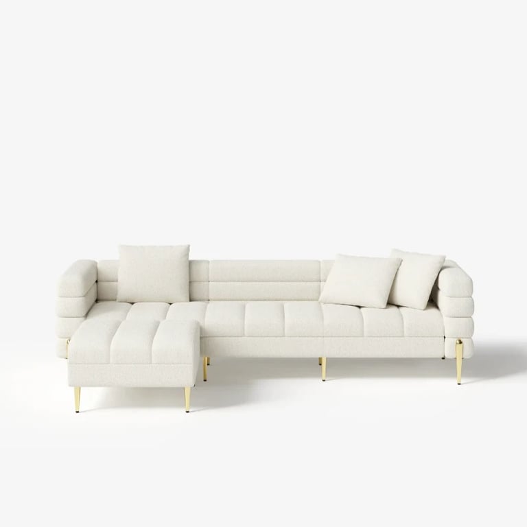 Amélis– Modern Natural Wood Sofa Set with Armchair and Ottoman, Golden Legs