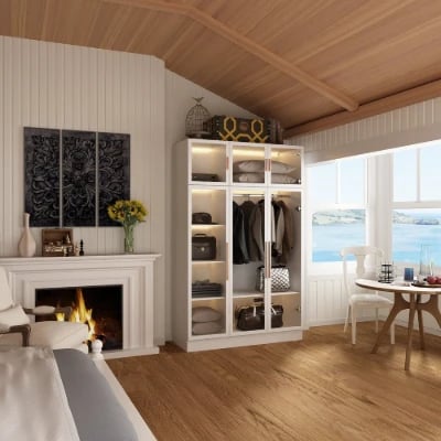 Picture of Paolo Modern wardrobe with glass doors and natural wood lighting