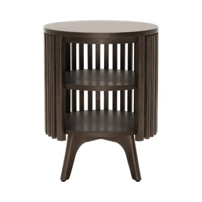 Klever Round Side Table with Slatted Design – Natural Wood