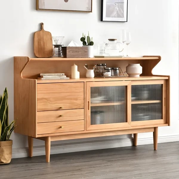 Crase Kitchen Sideboard – Natural Wood with Glass Doors
