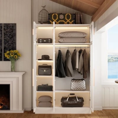 Picture of Paolo Modern wardrobe with glass doors and natural wood lighting