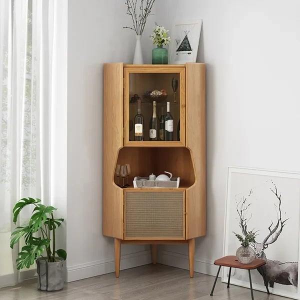Hutch Natural Corner Cabinet 2-Door with Rattan