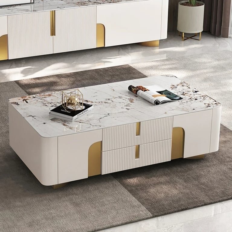 Élivane – Coffee Table & TV Unit Set with Marble and Gold Accents