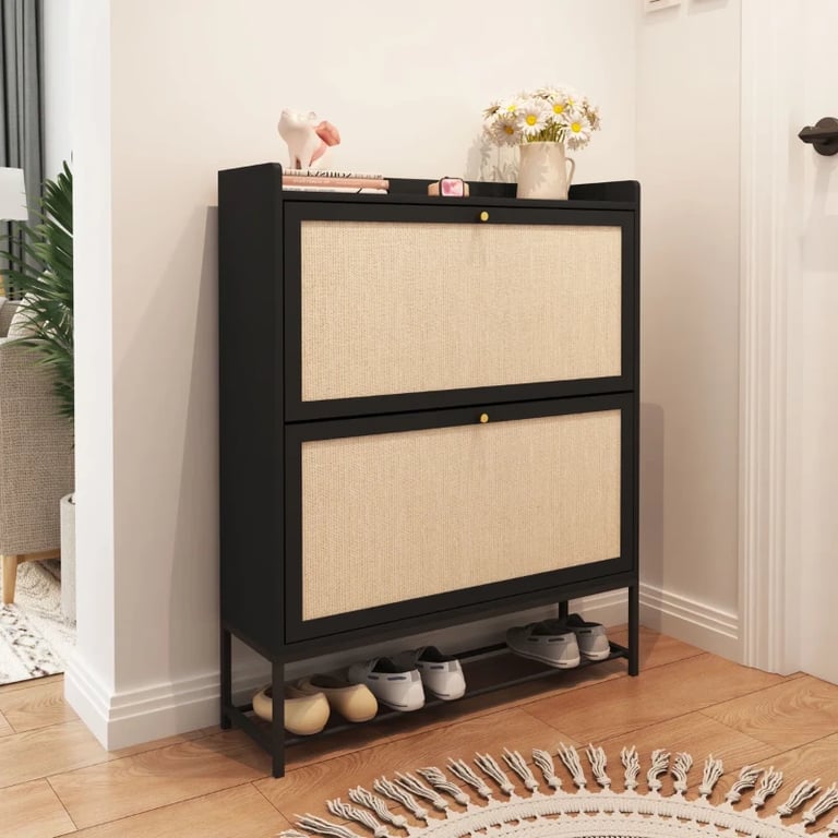 Cliera – Natural Wood & Rattan Shoe Storage Cabinet