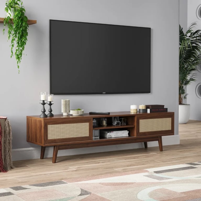 Marena – Modern TV Unit with Rattan Doors – Natural Wood