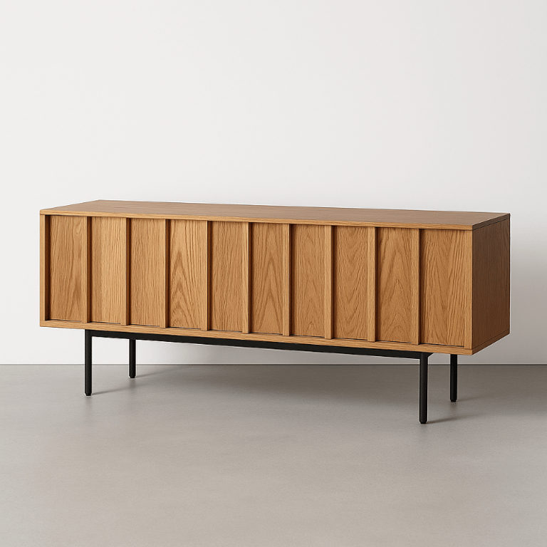 صورة وحدة تلفزيون لوكلير – خشب طبيعي وراتان مع أبواب منزلقة