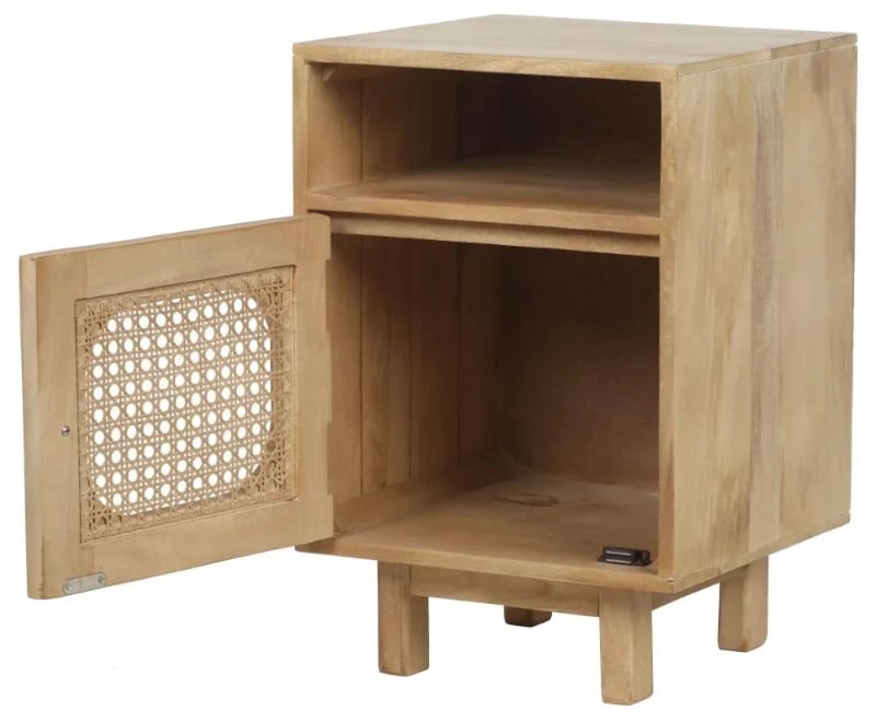 Zoya –Natural Wood Rattan Bedside Cabinet with Door & Open Shelf