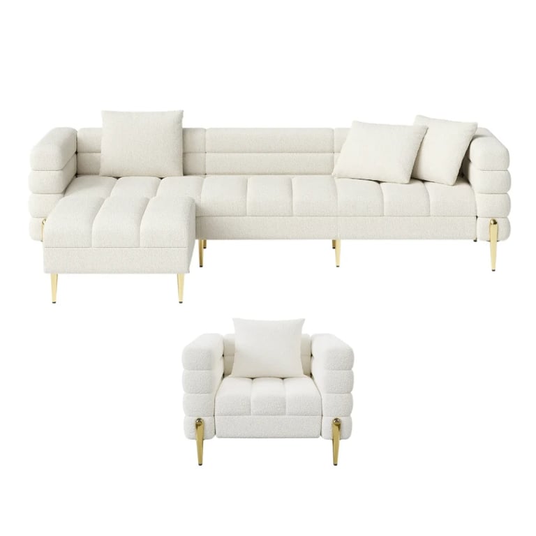 Amélis– Modern Natural Wood Sofa Set with Armchair and Ottoman, Golden Legs