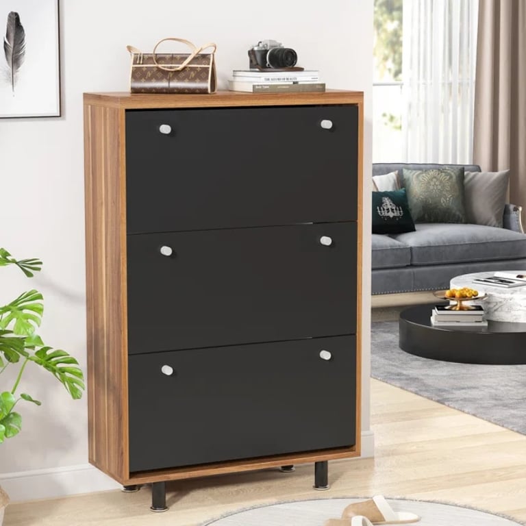 WalnutBlack 24 Pairs Solid + Manufactured Wood Shoe Storage Cabinet
