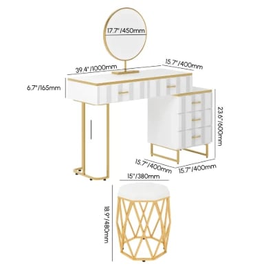 Valencia Vanity Set – Natural Wood with LED Mirror & Pouf Featuring Gold Stainless-Steel Details