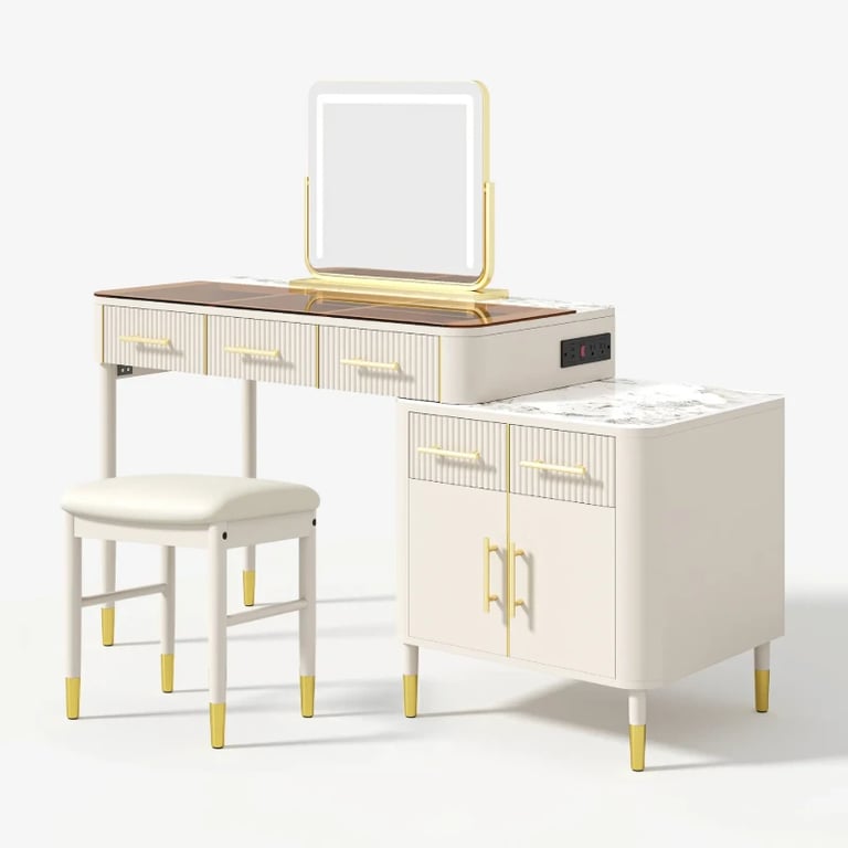 Velona Vanity Set – Natural Wood with Glass & Marble-Look Surfaces, LED Mirror & Chair