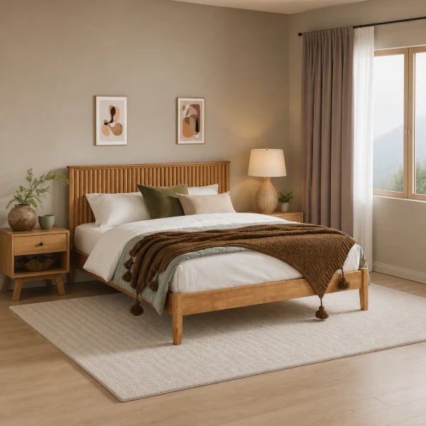 Arden Natural Wood Bed – Vertical Slat Headboard