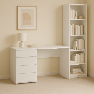 Aero Study Desk – Natural Wood Drawer & Side Cabinet